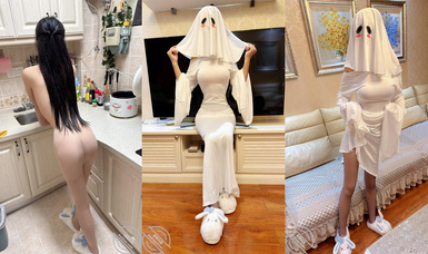 海角社區綠帽大神【寢取NTR（會噴水的親姐姐）】萬聖節夜老婆扮幽靈娘主動求操，找個大屌單男猛操出水量驚人